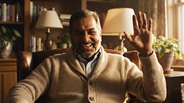 Friendly man waving and laughing while sitting comfortably in a home library setting with books