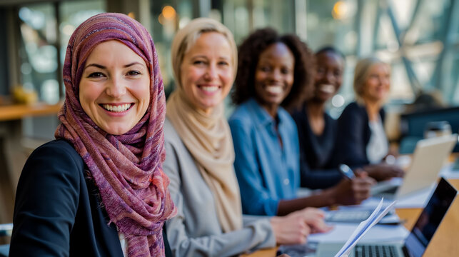 A group of women including one wearing a hijab are smiling and working on laptops in a modern office setting