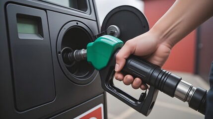 Person Using Gas Pump at Station, Urban Environment, Realistic View