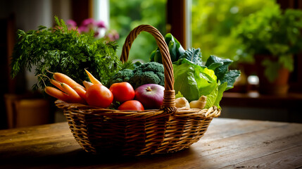 A woven basket filled with fresh vegetables and herbs placed on a wooden table