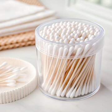 Orderly Rows of White Cotton Swabs in a Transparent Plastic Container ? A Symbol of Cleanliness and Hygiene