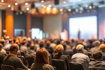 Blurred of speaker on stage IOT network, rear view group audience listens speech lecturer in conference hall or seminar at hotel, business and education meeting concept. High quality. High quality