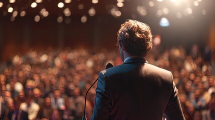 Professional speaker addressing audience at business conference, upper body rear view with studio lighting and blurred crowd. High quality. High quality