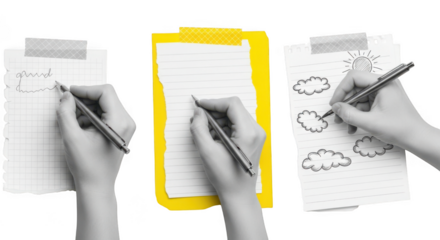 Hands writing and drawing on paper notes, isolated on transparent background