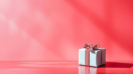 Studio Shot of Gift Box with Red Ribbon On Pink Bakground And Copy Space