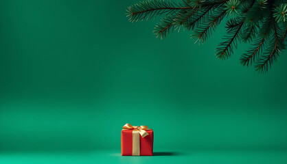 Christmas Gift on Green Background with Pine And Free Space For Text