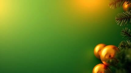 Golden Baubles and Pine Branches on Green Background With Template for Text