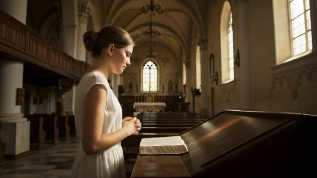 A young woman, dressed in white, stands in a cathedral, hands clasped in prayer before a lectern and an open book