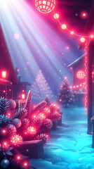 Colorfull Christmas Night Scene with Glowing Lights and Snow