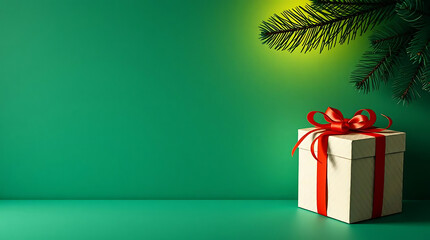Gift Box with Red Ribbon and Christmas Tree On Green Background With Copy Space 