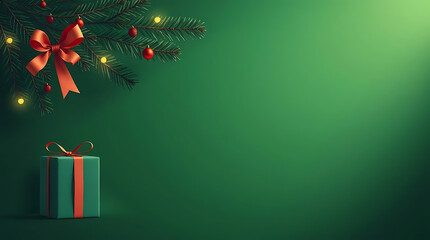 Christmas Decoration with Gift on Green Background With Template for Text
