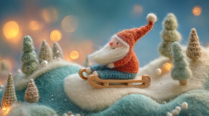 Fototapeta premium A small, orange santa Claus is riding a wooden sled down a snowy hill