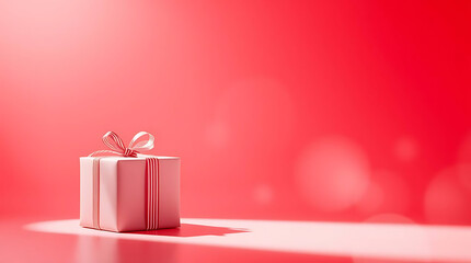 Elegant Gift Box on Red Background With Copy Space And Sunlight