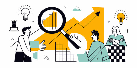 Business strategy innovation and growth illustrated with people and data analysis © Bivuti