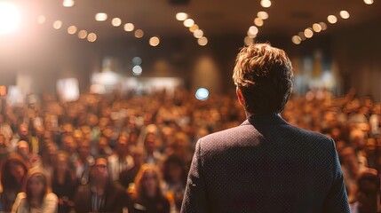 Professional speaker addressing audience at business conference, upper body rear view with studio lighting and blurred crowd. High quality. High quality