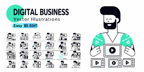 Digital business concepts and illustrations featuring a man using a mobile phone