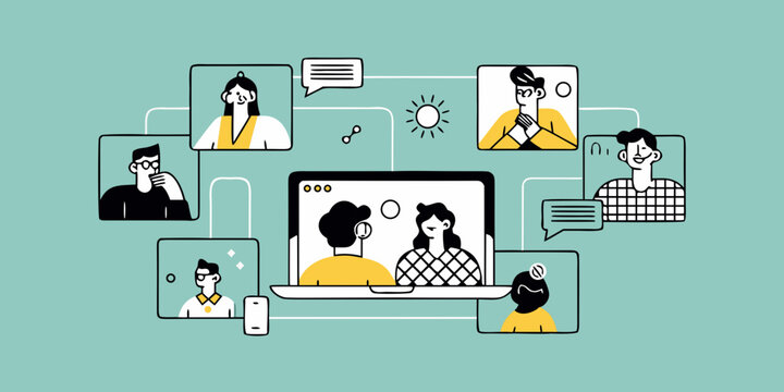 Online meeting and virtual collaboration concept with connected people on screens