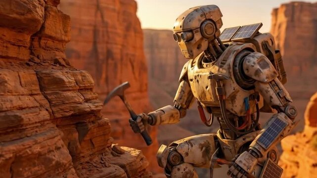 Futuristic 4K 3D Animation of a weathered robot explorer mining geological samples in a vast desert canyon landscape at sunset.