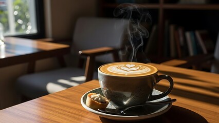 Steaming hot cup of coffee with latte art on a wooden table in a cozy cafe setting with natural light.