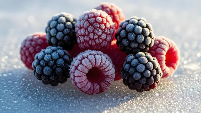 Frozen raspberries and blackberries on a frosty surface with sparkling ice crystals. Delicious fresh berries for healthy food.