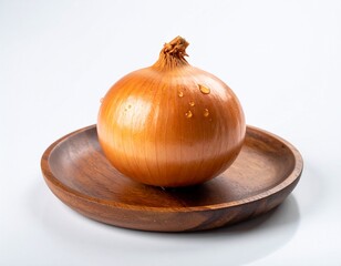 Golden onion with water droplets, rustic wooden plate. Studio food photography, pristine white background, highlighting freshness and culinary appeal