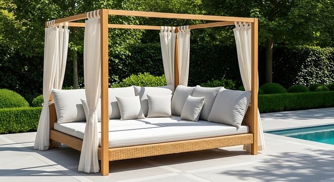 Luxurious outdoor daybed with canopy and white cushions next to swimming pool