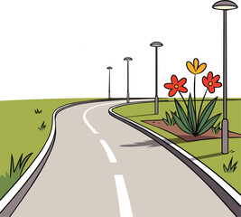 Create a kinds of deferent realistic Foreground of a park with a walking path and flowerbed, vector art white background.