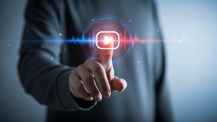 Obraz premium A person interacting with a futuristic glowing button on their index finger in a dark setting with blue and red lights