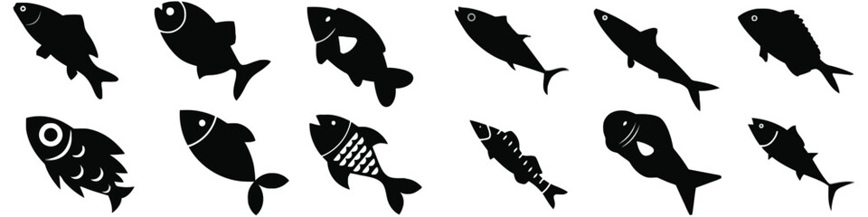 Fish silhouette vector illustration collection set of various sea creatures ocean food aquatic wild animal design graphic element