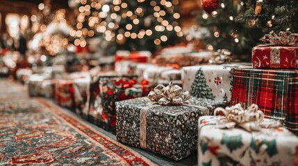 A festive collection of beautifully wrapped presents arranged beneath the soft glow of a decorated holiday tree, creating a warm, joyful scene.