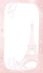 Pink frame with the Eiffel Tower and the inscription love on a white background with copy space. Romantic template, Valentine s Day and travel card. Flat vector illustration.