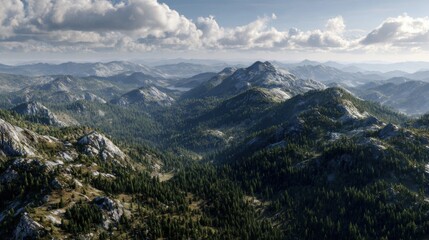 Fototapeta premium Majestic Mountains with Flourishing Greenery Beneath a Bright Blue Sky and Fluffy Clouds in the Scenic Wilderness