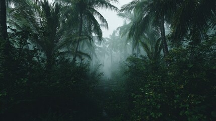 Naklejka premium Lush Tropical Forest with Dense Mist and Majestic Palm Trees Surrounded by Rich Greenery and Vibrant Nature Landscape