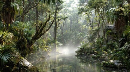 Fototapeta premium Serene Misty Jungle Landscape with Lush Greenery and Calm Water Reflection in Nature's Tranquil Oasis