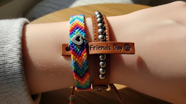 Woman showing rainbow friendship bracelet and Friends Day leather strap. Celebration of friendship and connection, meaningful gift concept.