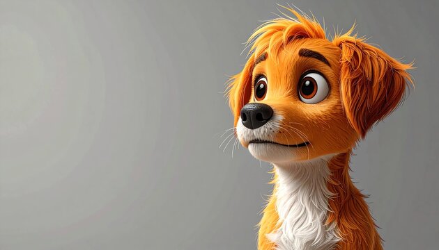 s&uuml;&szlig;er kleiner Cartoon Hund schaut mit gro&szlig;en Augen  - grauer Hintergrund mit Platz f&uuml;r eigenen Text