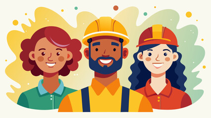 Fototapeta premium Diverse team of smiling construction workers wearing hard hats and work clothes representing teamwork and industry professions