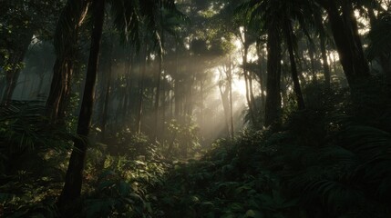 Obraz premium Sunlight Filters Through Lush Green Jungle Canopy Creating Ethereal Atmosphere in Dense Tropical Forest