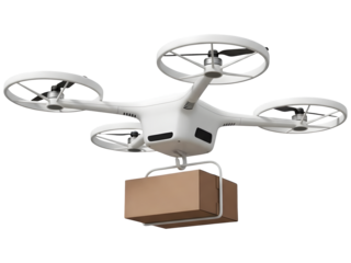 White Delivery Drone Carrying Cardboard Box (Angled High)