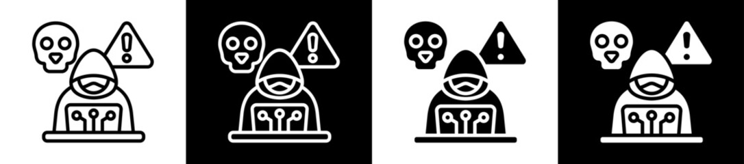 Cyber Attack Icon Set In Black And White Filled Style Collection