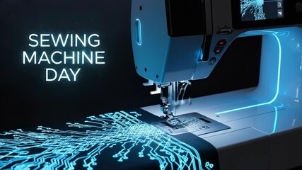 Modern sewing machine with glowing blue circuit board pattern for Sewing Machine Day. Digital design craft technology concept.