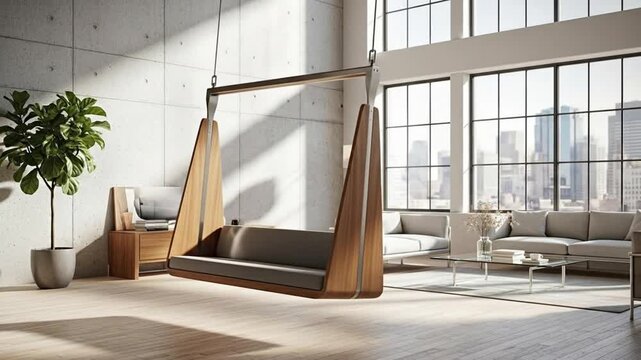 A modern living room featuring a stylish swing and ample natural light.