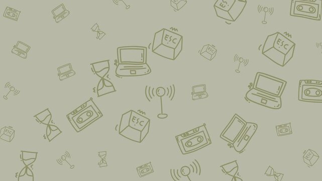 Pattern of doodled computer accessories is perfect for techthemed designs, backgrounds, posters, stationery, digital illustrations, and web graphics.
