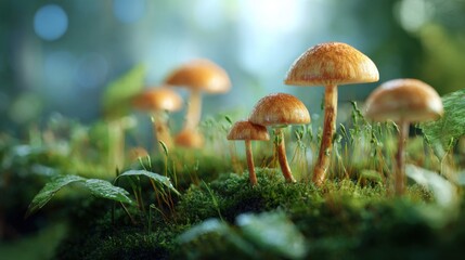 Fototapeta premium Lush Green Forest Floor with Vibrant, Fresh Mushrooms Surrounded by Soft Foliage and Gentle Sunlight Filters Through Trees