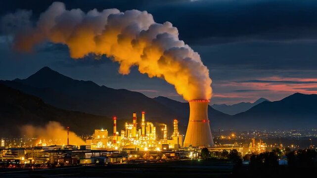 Industrial Landscape at Dusk: A towering industrial complex emits a plume of smoke against the backdrop of a darkening sky.