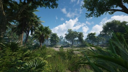 Lush Green Jungle Landscape with Dense Foliage and Clear Blue Sky Under Soft Cloud Cover in a Tranquil Environment