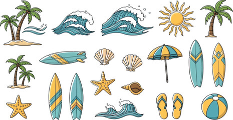 Vector set of tropical beach icons featuring a summer sun, palm tree, and sand for a vacation travel illustration on an island coast with ocean waves © MdForid