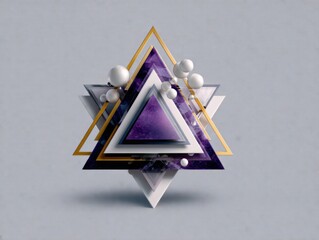 Geometric composition featuring layered triangles in purple and gold, creating a futuristic technology concept with clean lines and a sense of organized chaos