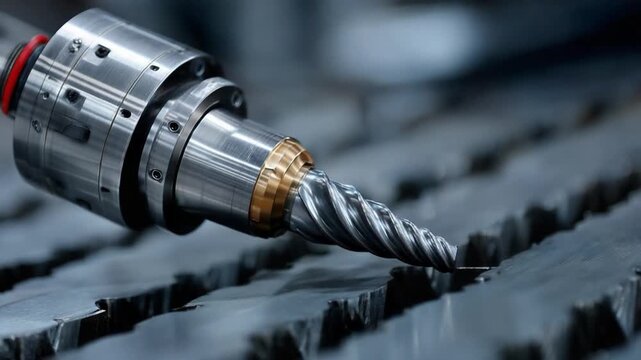 Precision in Metal: Capturing the intricate dance of engineering, a high-tech metal milling tool, meticulously etches a groove into a metallic surface. Witness the dedication to perfection.