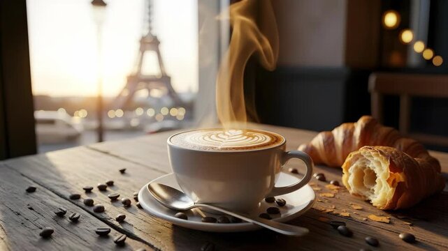 Coffee cup with croissant on wooden table with eiffel tower view. Paris breakfast with fresh pastry and hot latte art.